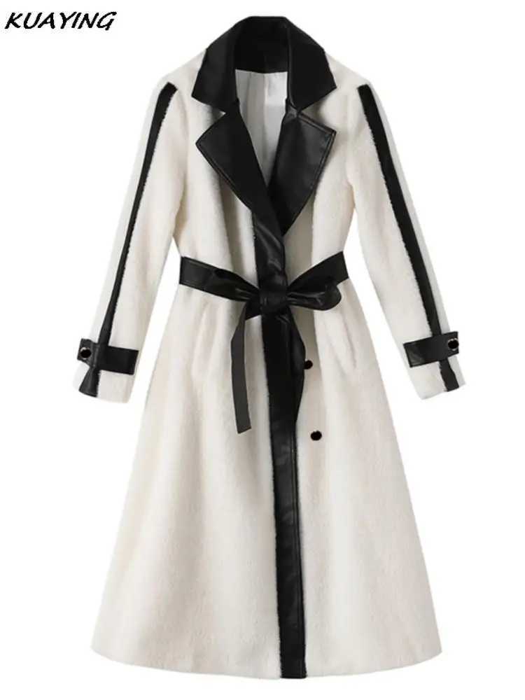 Autumn Winter Midi Woolen Coat Elegant and Chic Black White Patchwork Wool Overcoat with Belt Fashion Outerwear Female ClothesX241009