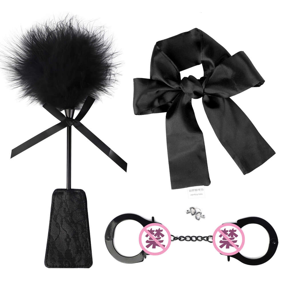 SM prop three piece set, fun feather racket simulation, fun handcuffs, blindfolds, restraints, fun straps, adult products