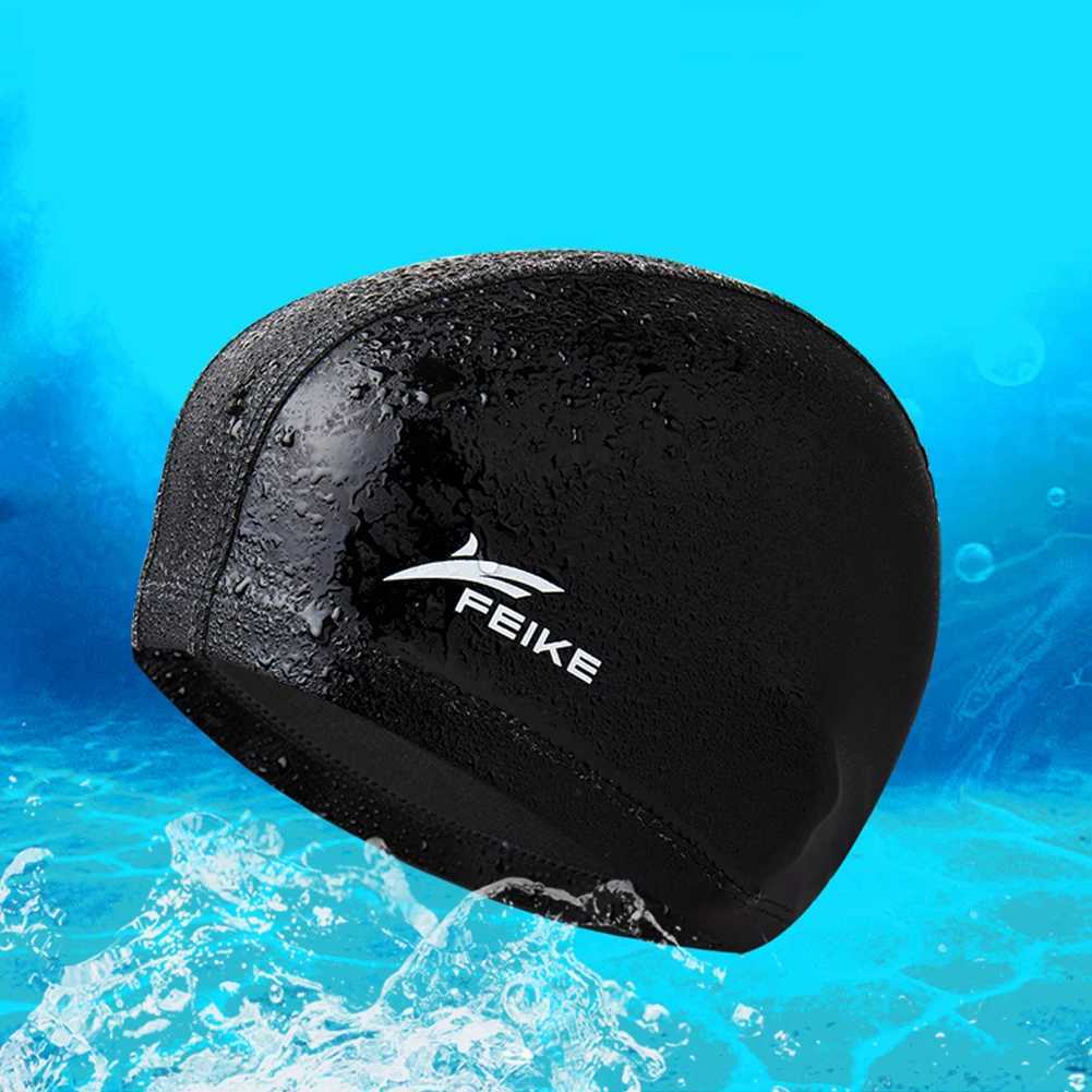 Womens no size elastic waterproof PU fabric diving cap long hair earmuffs waterproof sports pool cap CL241009