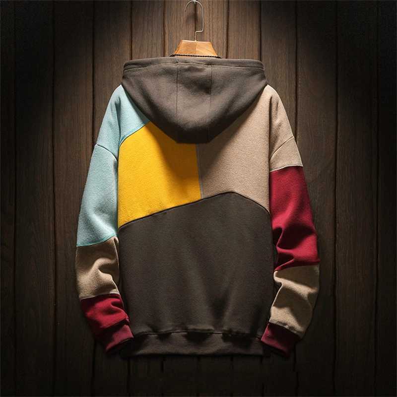 Men's Hoodies Sweatshirts Fashionable streetwear mens sportswear loose warm multi-color hooded sweatshirt autumn patch work Sudadera Hombre Q2410