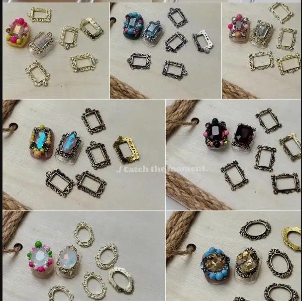 20/10 pieces of retro po frame nail art charm DIY diamond glitter alloy jewelry metal hollow frame decoration DIY handicraft accessories 241008