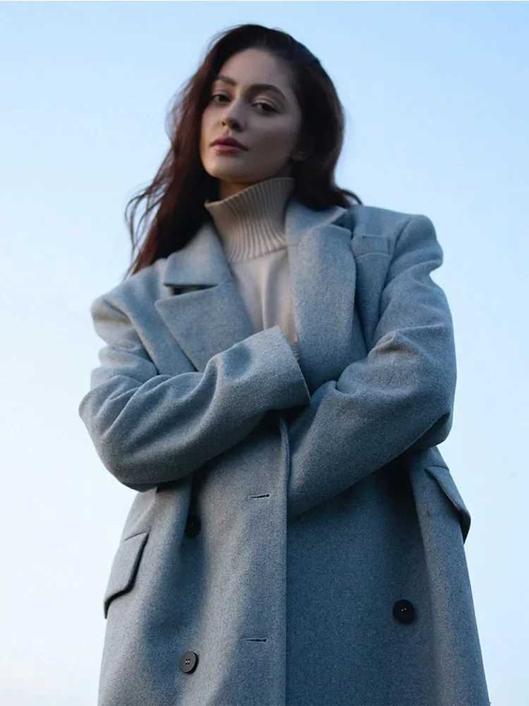 Grey Double-breasted Oversized Woolen Coat Women Fashion Lapel Long Sleeved Pockets Jacket Autumn Winter New Lady Warm OuterwearX241009