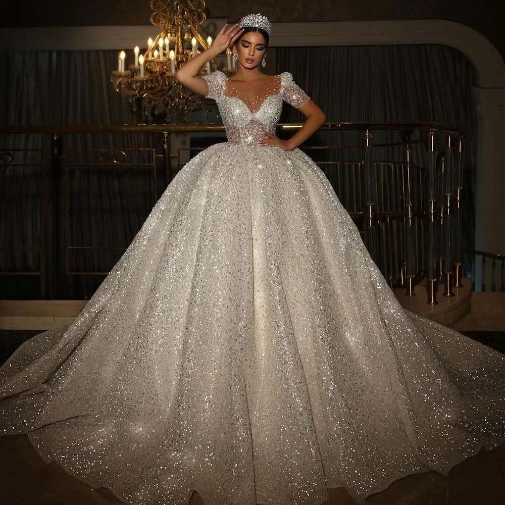 ful O Neck Sparkly Wedding Dress Sequins Beading Shiny Short Sleeve Illusion Princess Bride Dresses Vestidos De Novia
