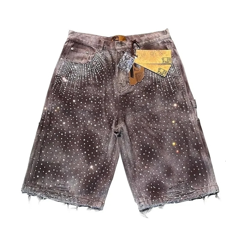 Gothic trend rhinestone pocket exquisite denim shorts mens y2k hip-hop personality style daily couple wide-leg pants 241008