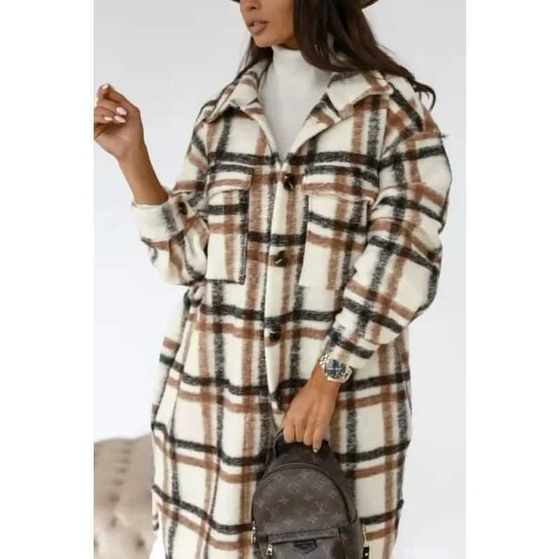 Medium and Long Woolen Coat Jackets Spring and Autumn Shirt Wool Coats Womens Plaid Polished Long Sleeve Pockets Blends OutwearX241009