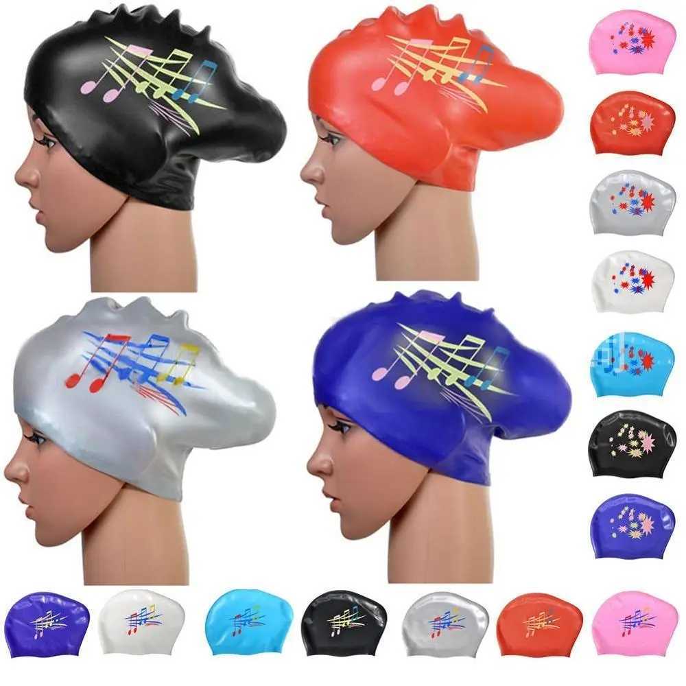 New Womens Large Silicone Waterproof Adult Printed Swimming Cap Swimming Pool Cap Long Hair Earrings Flexible Glasses Elastic 2021 CL241009