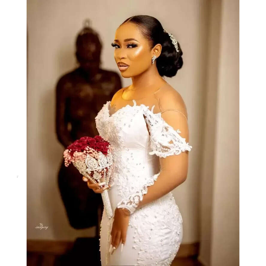 Size Arabic Plus 2022 Aso Ebi Mermaid Lace Beaded Wedding Dress Sheer Neck Long Sleeves Satin Sexy Vintage Bridal Dresses Gowns Asdf es