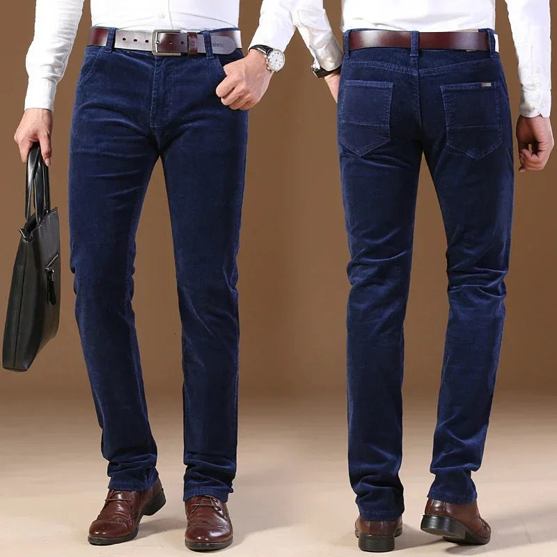 Winter Mens Corduroy Casual Pants Business Fashion Solid Color Elastic Regular Fit Trousers Male Black Khaki Coffee Blue 241009