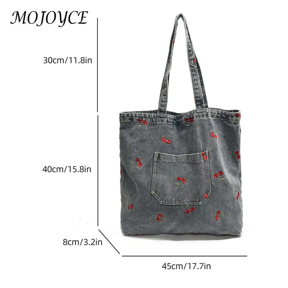 Womens denim shoulder bag simple handbag large capacity fashionable homeless bag cherry pattern retro handbag outdoor travel bag 241008