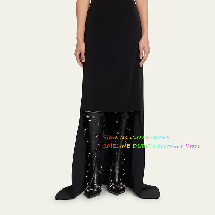 Pointed Toe Studded Buckled Knee High Boots Ring-Piercing Embellishment Side Zippers Black Chic Long Booties For Ladies