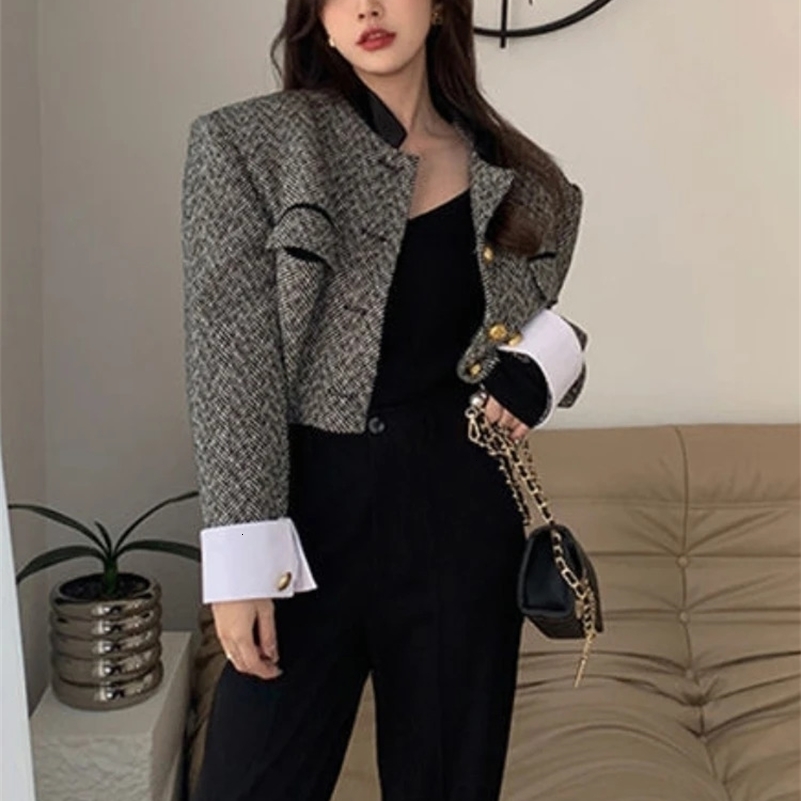 Woherb Fashion Korean Chic Vintage Tweed Jacket Coat Women Spring Contrast Color Cropped Jackets Elegant Office Lady Outwear 241008