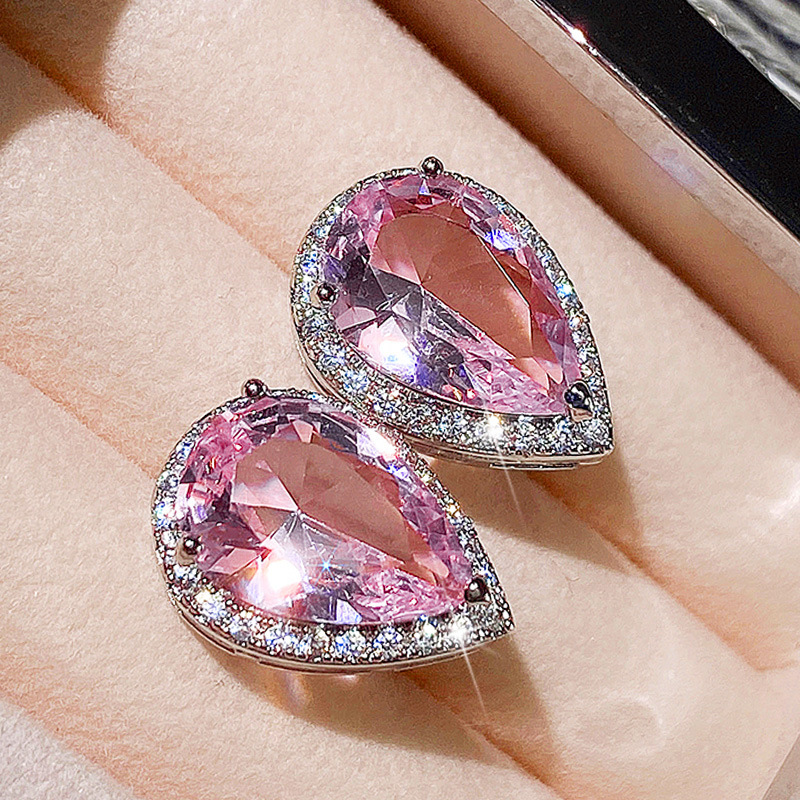 Luxury 925 Sterling Silver Diamond Earrings Classic Water Drop Pink Zircon Stud Earrings Sparkling Crystal Stud Wedding Party Jewelry Valentine's