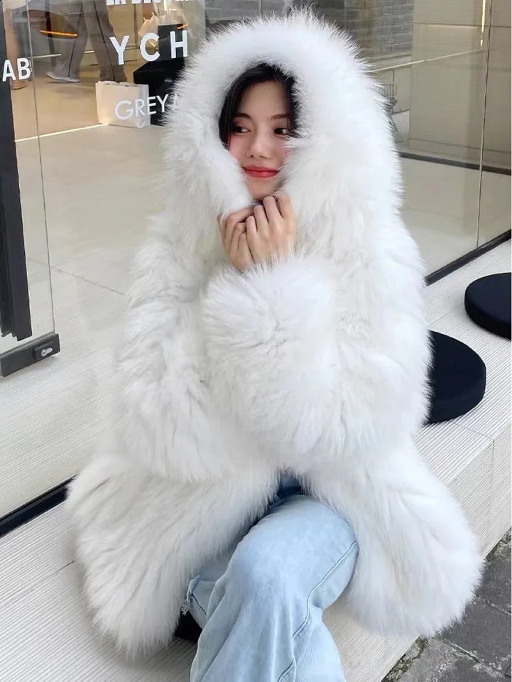 Autumn and winter womens manual doublesided woven highquality real fox fur coat 100% natural jacket loose hooded streetwear 240930