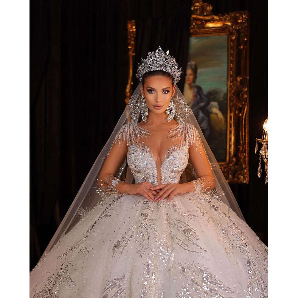 Sumptuous Wedding Dress Ball Gown O-Neck Crystal Beading Sequins Long Sleeve Or-Length Bride Vestido De Noiva Custom Made 0228Lz