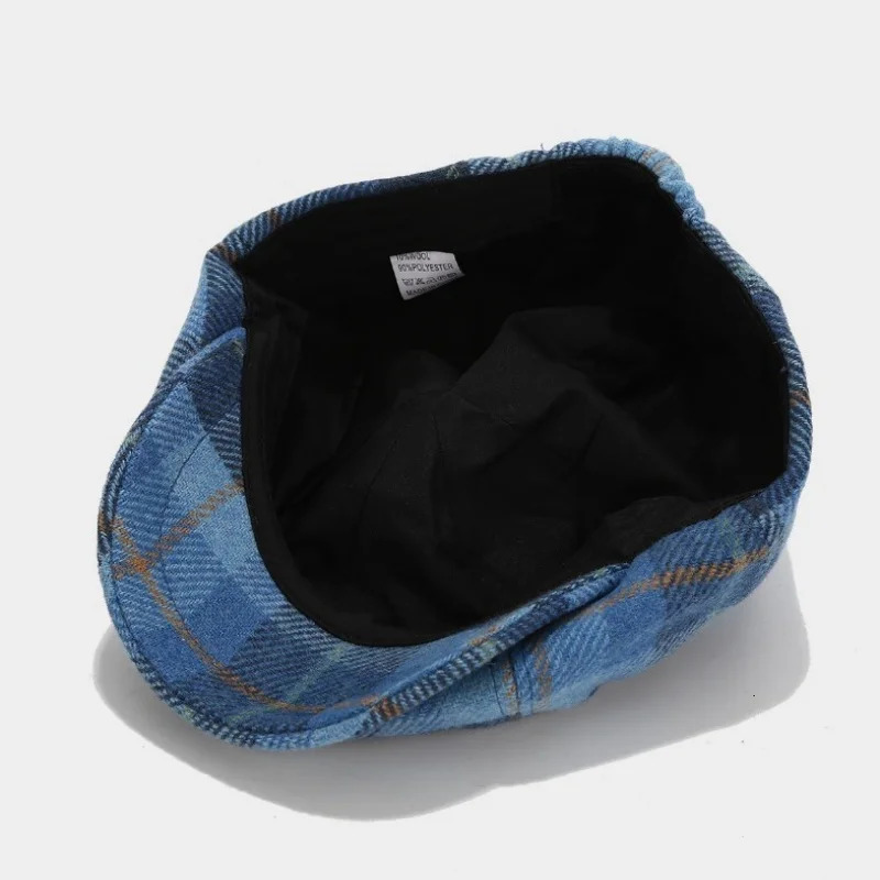 Womens Autumn and Winter Wool Octagonal Hat Fashion Checkered Pattern Mens Retro Painter Hat Student s Hat 241007