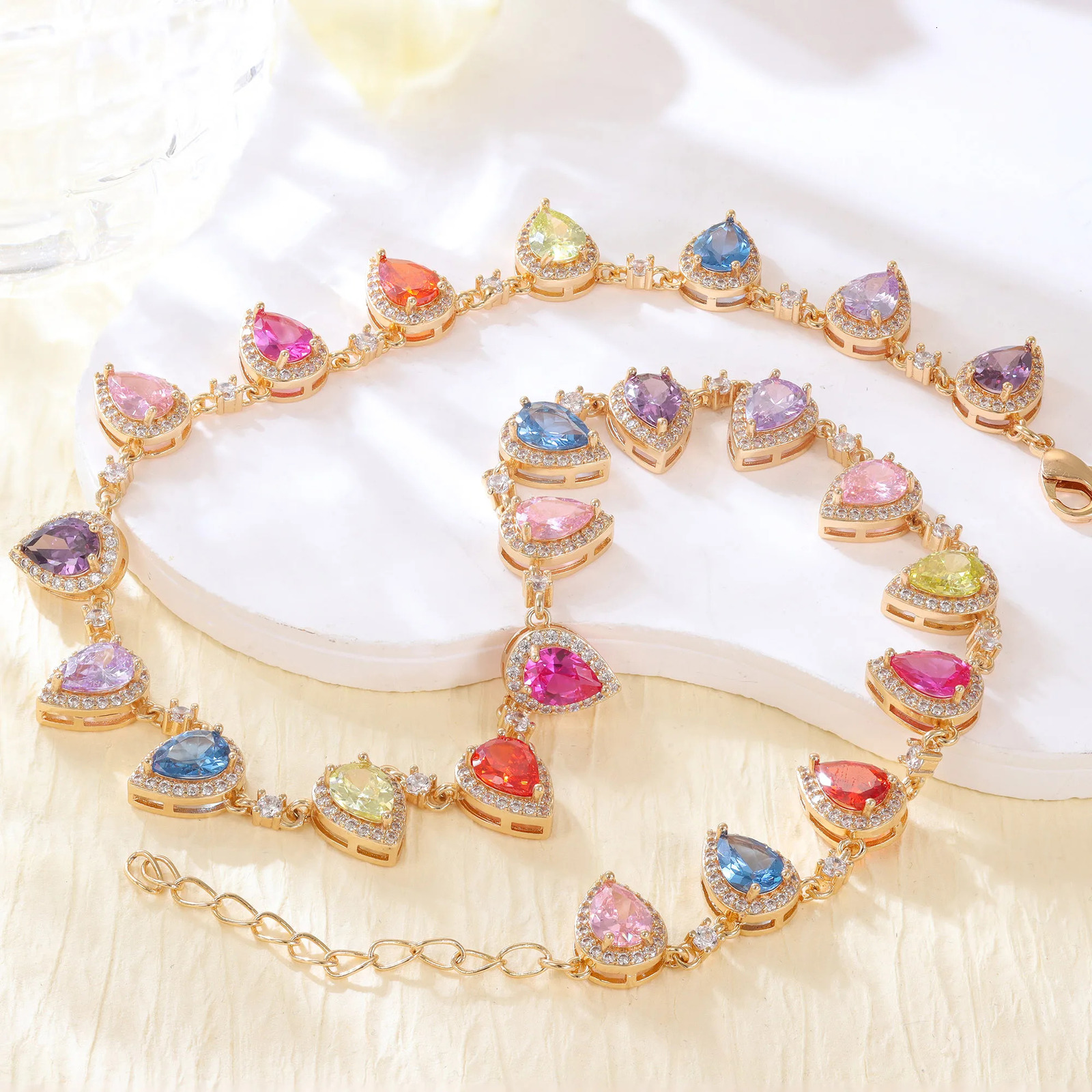 Fashionable Sweet Rainbow Candy Colorful Water Drop Shaped Splicing Zircon Copper Gold Plated Necklace for Women 240929