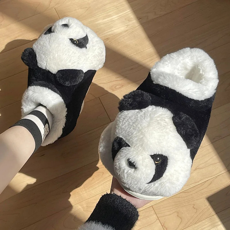 Cuddly panda slippers 2024 women plush booties outdoor slipper woman cute furry home boots winter fuzzy room slippers 44 45 240927