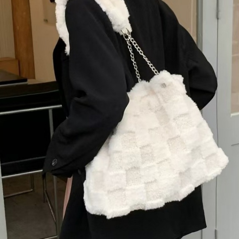 Small white plush bag women's shoulder bag casual Tote bag Student autumn and winter large capacity bag all-in-one underarm bag
