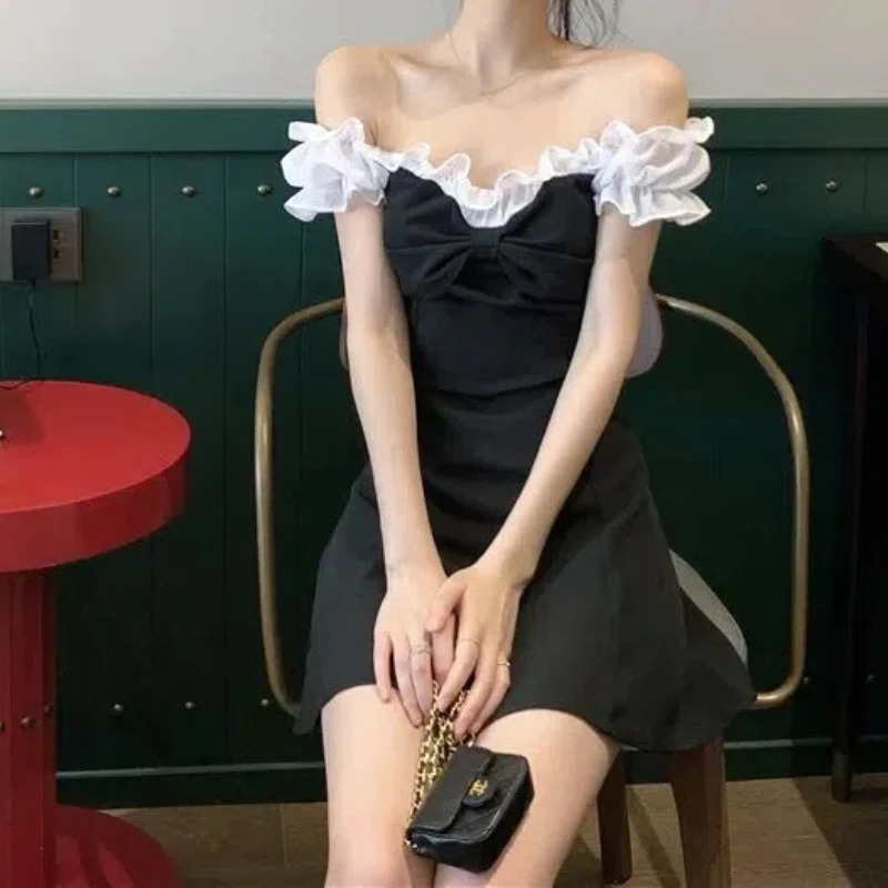 Womens clothing summer pull short sleeved patch work embroidery flame bow line party office womens knee ski dress 241007