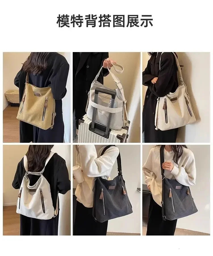 Large capacity canvas bag casual shoulder bag womens outdoor backpack commuting bag crossover bag 241008