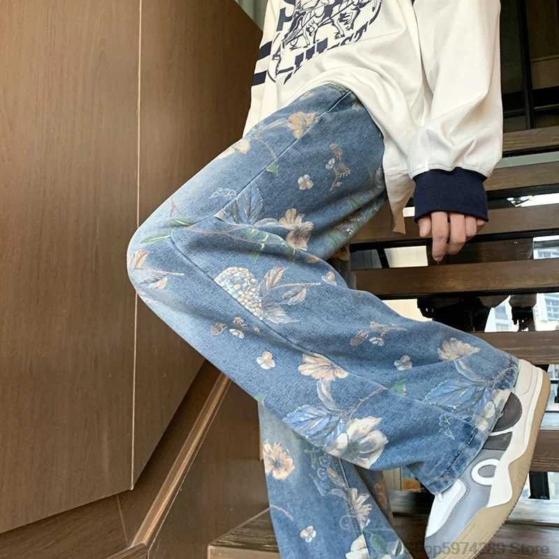 2024 Mens Fashion Floral Printed Jeans Korean Style Autumn Denim Pants High Street Loose Trousers Hip Hop Wide-leg Jean PantsX241009