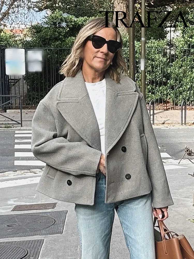 TRAFZA Winter Fashion Women Coats Solid Turn-Down Collar Long Sleeves Pockets Double Breasted Female Casual Winter Coat 2 ColorX241009