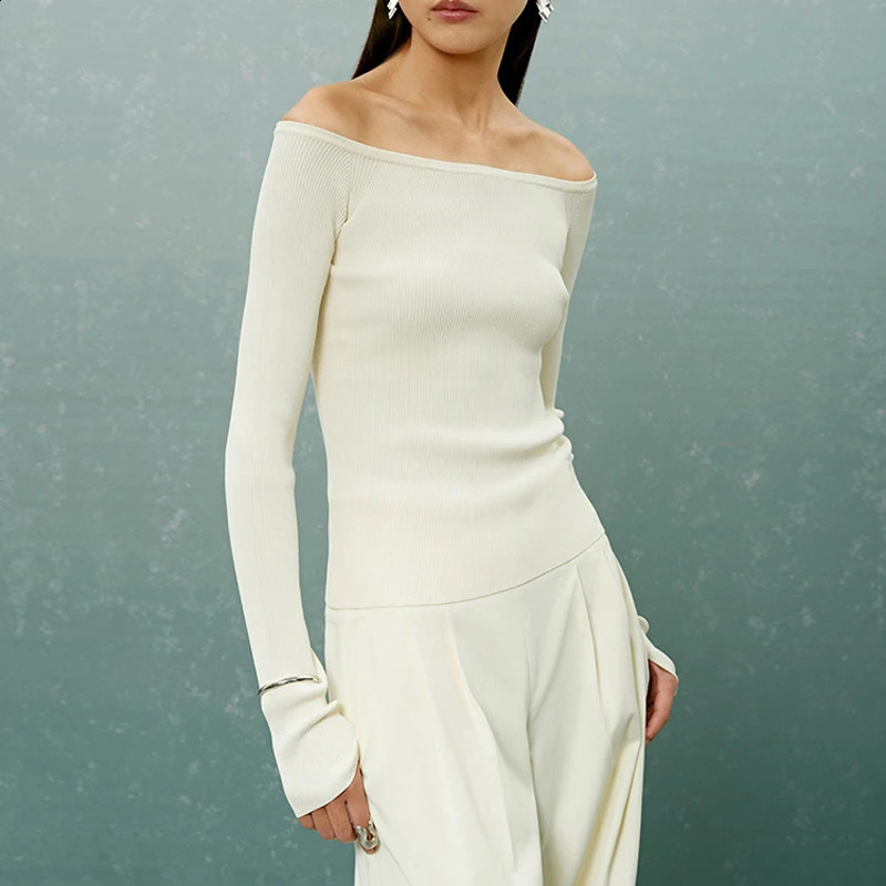 DGLUKE White Off Shoulder Sweater Womens Ribbon Knitted Long Sleeve Sweater Spring and Autumn Elegant Top 240927