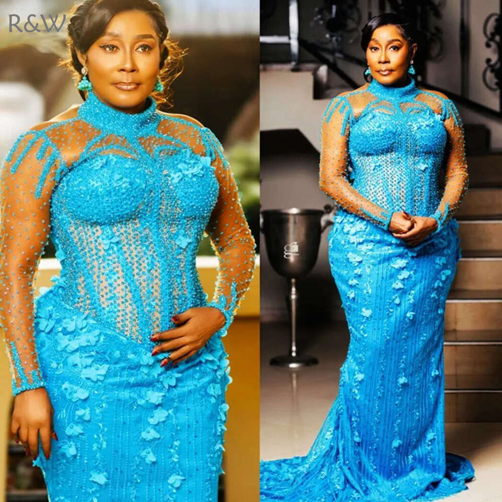 R&W 2024 Plus Size Aso Ebi Prom Mermaid Promdress High Neck Long Sleeves Illusion Beaded Crystals ra Lace 50th Birthday Dress Second Reception Gala Go