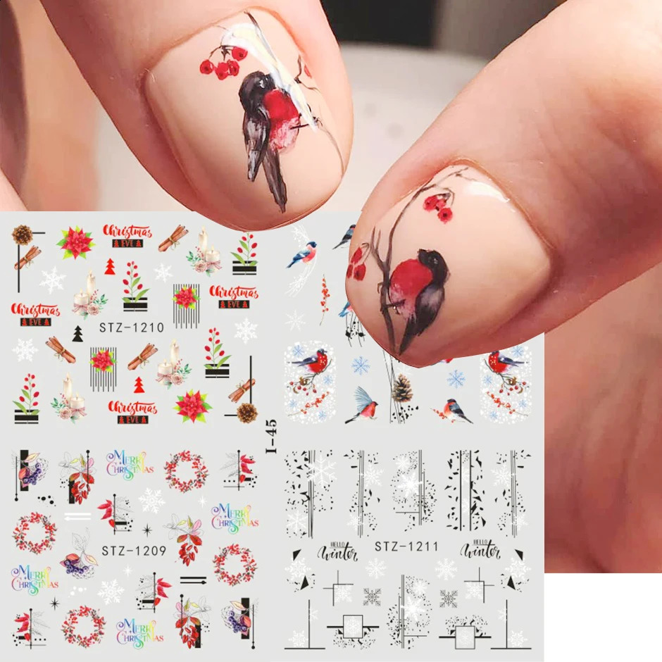 Cute Christmas Stickers Red Santa Claus Winter Human Model 4-in-1 Christmas Snowflake Leaves Waternail Stickers Tattoo DIY Decoration 241008