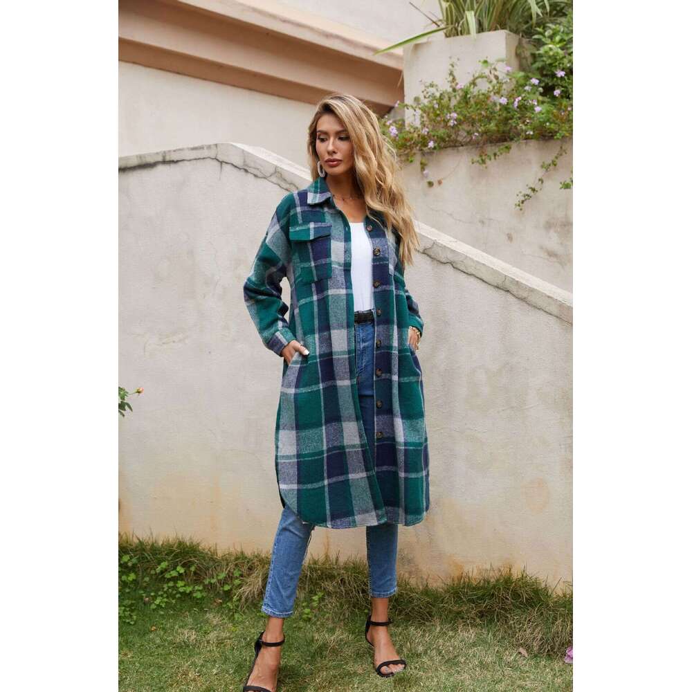Autumn/Winter Temperament Commuter Windbreaker Side Split Flap Collar Loose Womens Woolen Plaid Shirt Coat