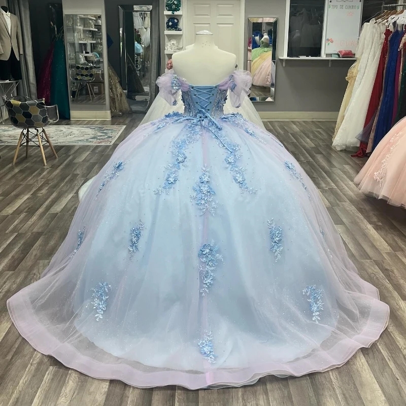 Sky Blue Quinceanera Dresses Sweet 16 Dress Birthday Party Gown Off Shoulder Applique Lace Beads Princess Pageant Vestidos 15 XV Anos