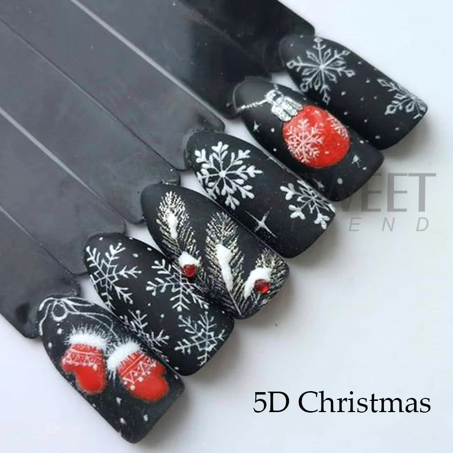 5D Red Christmas Nail Stickers Sparkling Embossed Snowflake Gloves Badminton Bells Winter Christmas DIY Carving Handmade Decoration 241008