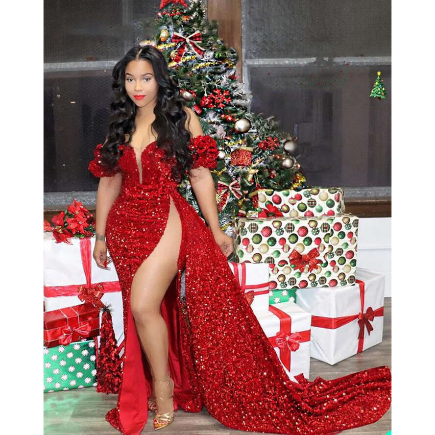 2022 Plus Size NEW Urious Sparkly Sequined Prom Dresses High Split Off Shoulder Evening Formal Party Second Reception Gowns Xu