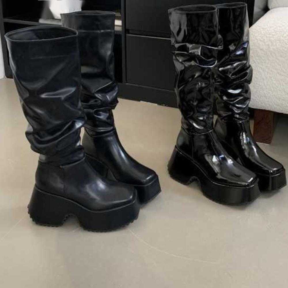 Autumn Sexy Leather Martin Boots For Women Thick Sole Fashion Boots Height Increase Slimming Effect Elastic Slimming Boots Long Leg Knight Boots 24082
