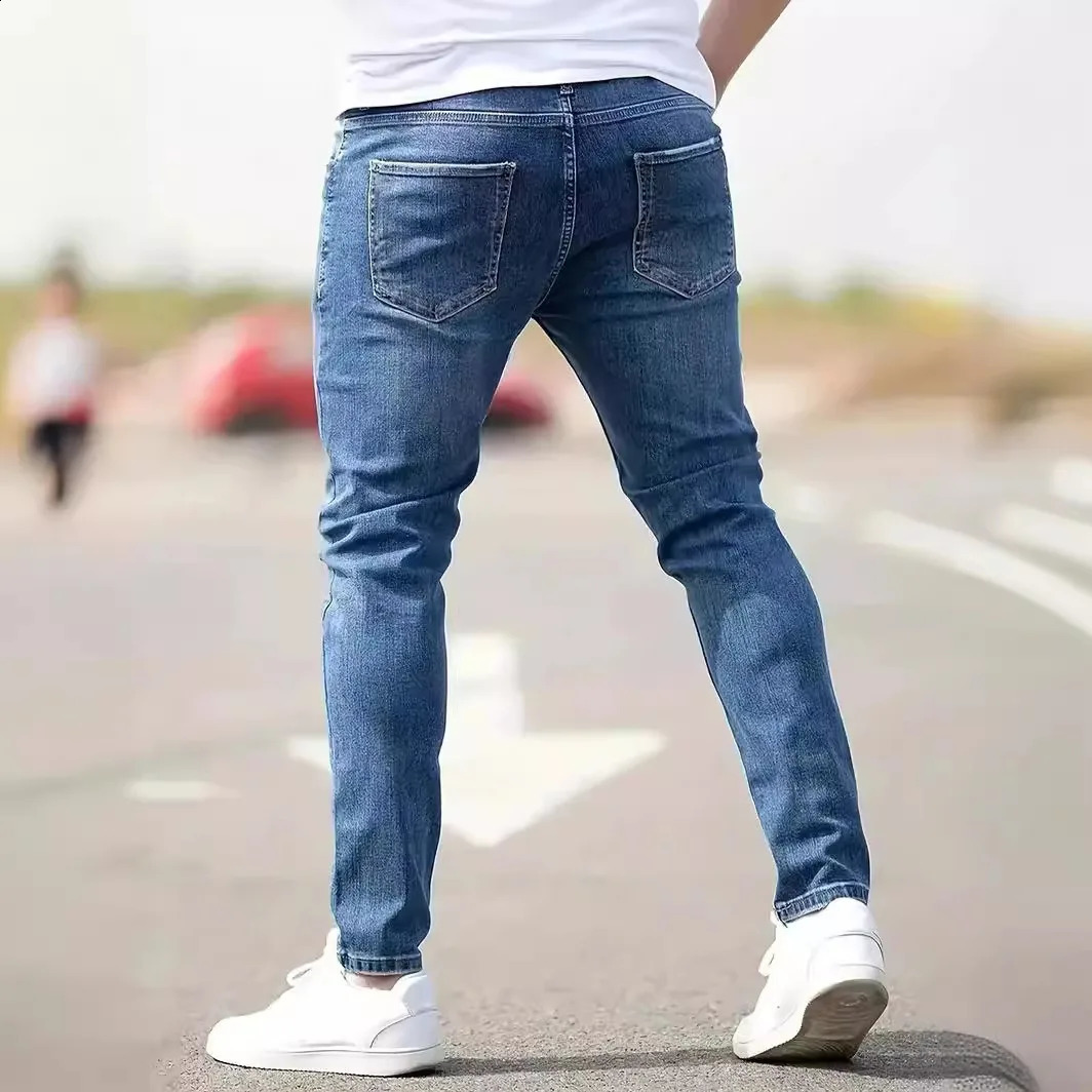 Cool mens jeans denim hole tight retro washed solid color pencil pants 2024 ankle long shoulder punk style pocket 240930
