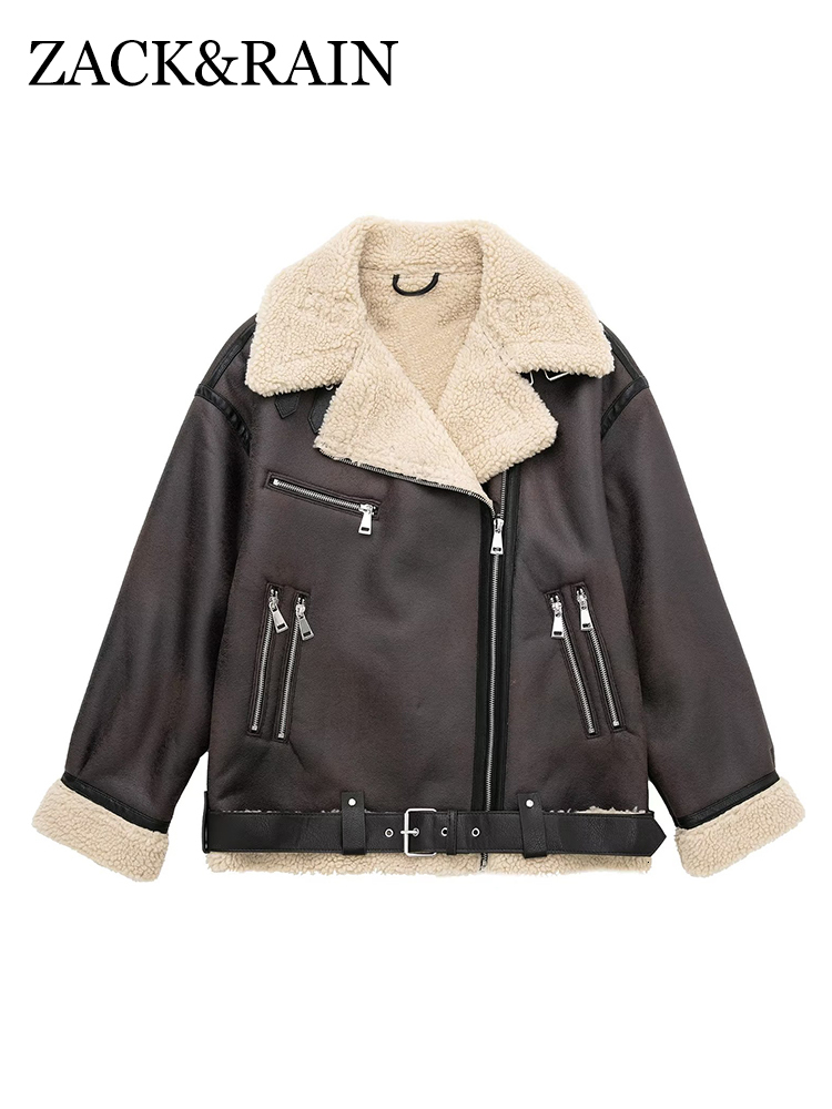ZACK RAIN Women Fake Faux Fur Brown Jacket 2022 Autumn Winter Ladies Zipper Leather Coat Retro Loose Female Thick Outwear Mujer