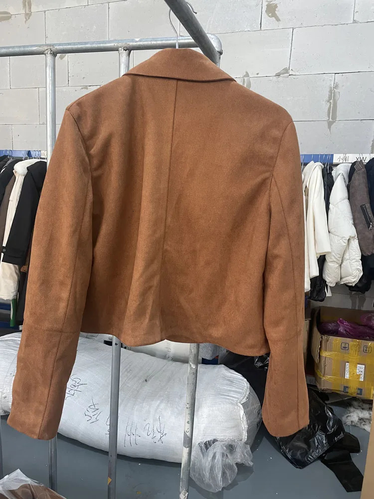 RR3359 Womens Short Leather Suede Jacket Collar Long Sleeve Spring Jacket Waterproof Cloth Zaba Womens 3-Button Front 241009