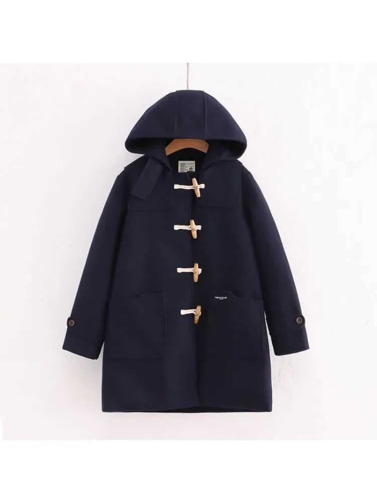 2025 Womens Tweed Coat Winter Korean Fashion Mid-length Coats Vintage Horn Button Hooded Loose Solid Jackets Casual Female TopX241009