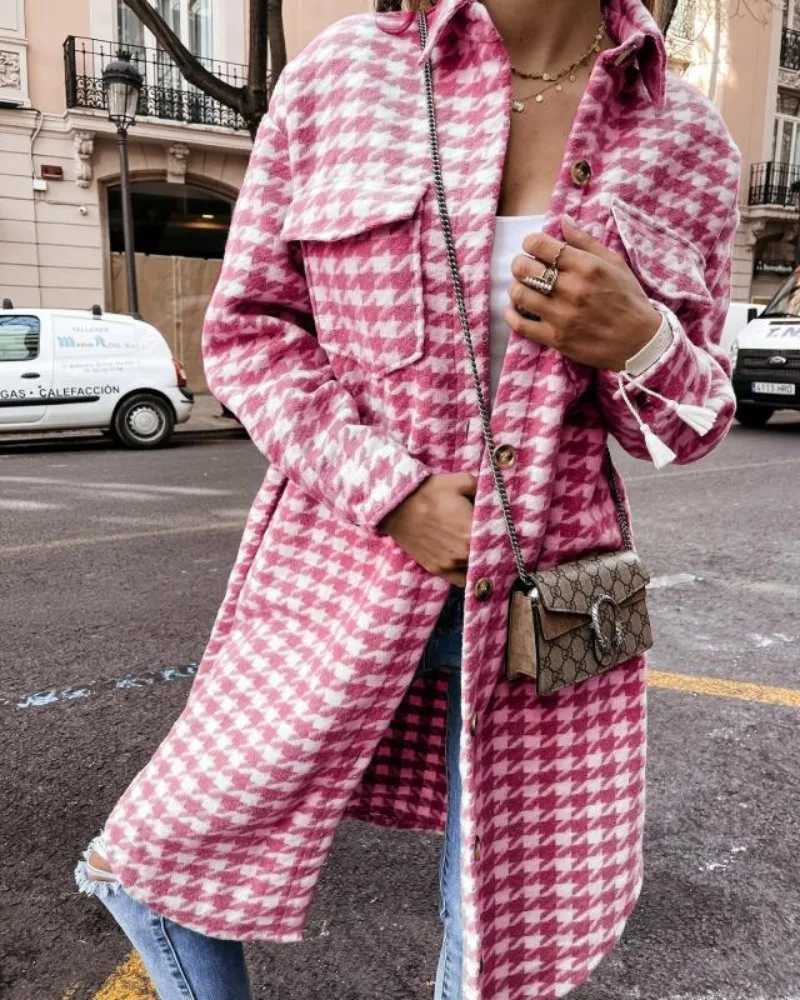 Womens Clothing Autumn and Winter New Fashion Commuter Houndstooth Printed Woolen JacketX241009