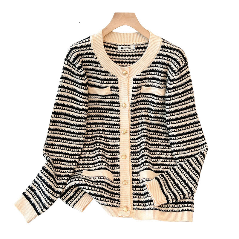 150Kg Plus Size Women's Bust 150 Autumn Winter Loose Striped Cardigan V-Neck Small Fragrant Knit Sweater 5Xl 6Xl 7Xl 8Xl 9Xl