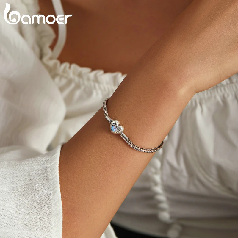 Heart Charm and Bead Bracelet 925 Pure Silver Snake Chain Basic Bracelet Womens Moonstone Jewelry 17CM 19CM 240925