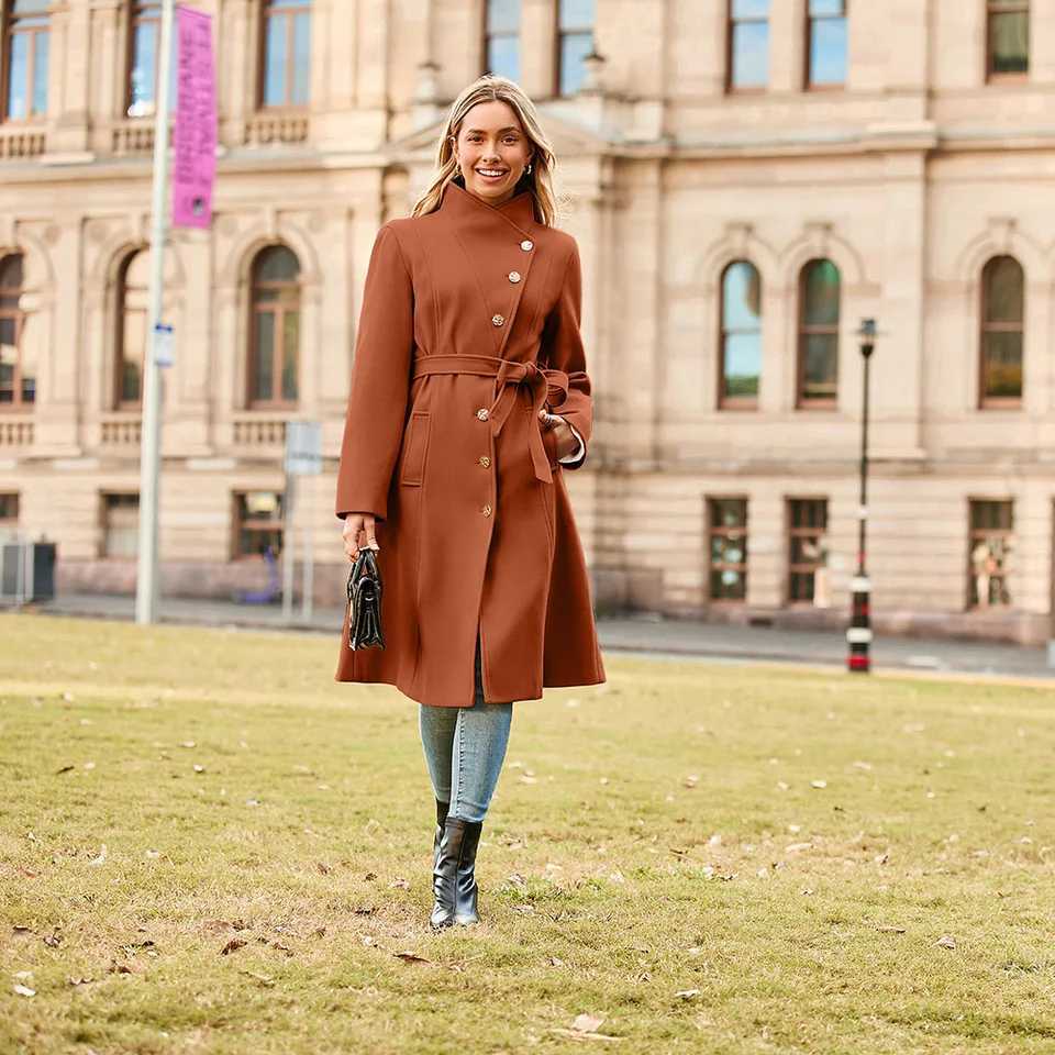 GK Women Coat Button Winter Woolen Fabric Overcoat Stand Collar Single Breasted Below Knee Coat Streetwear Woman OuterwearX241009