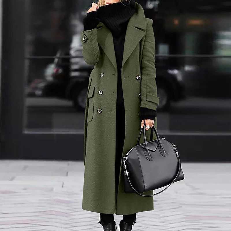 Office Elegant Single-breasted Long Jackets Fashion Turn-down Collar Woolen Outwear Women Causal Long Sleeve Solid Straight CoatX241009