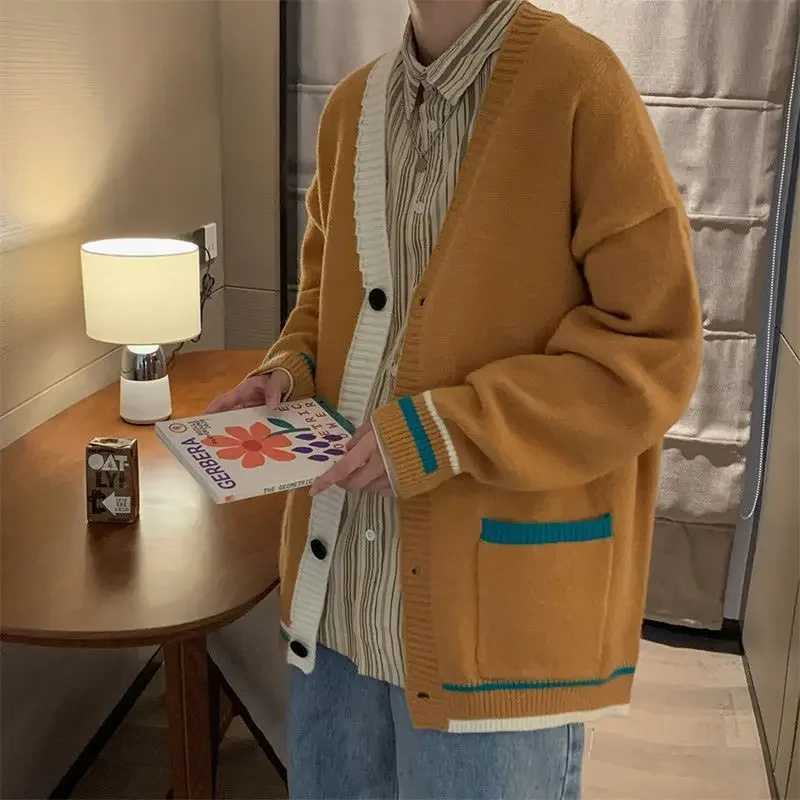 Cardigan Man Clothes V Neck White Knitted Sweaters for Men Striped Black A 90s Vintage Cheap Long Sleeve 100% Pull Oversize Tops LX241009