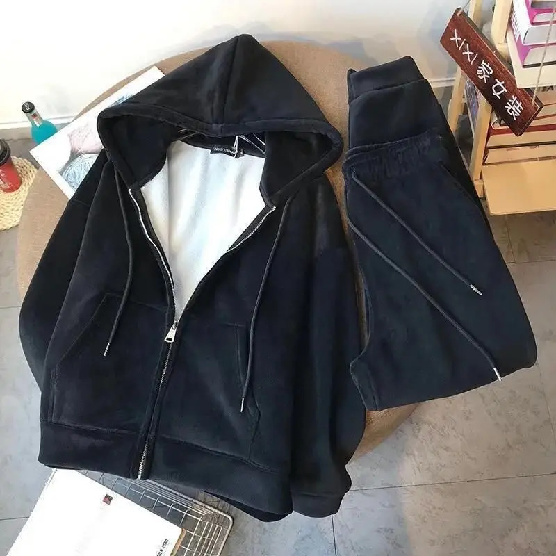 Woollovekzg Running Set Womens Winter Velvet Thick Zipper Jacket Sports and Leisure Loose Korean Solid Sweater Trouser Tracksuit 241007