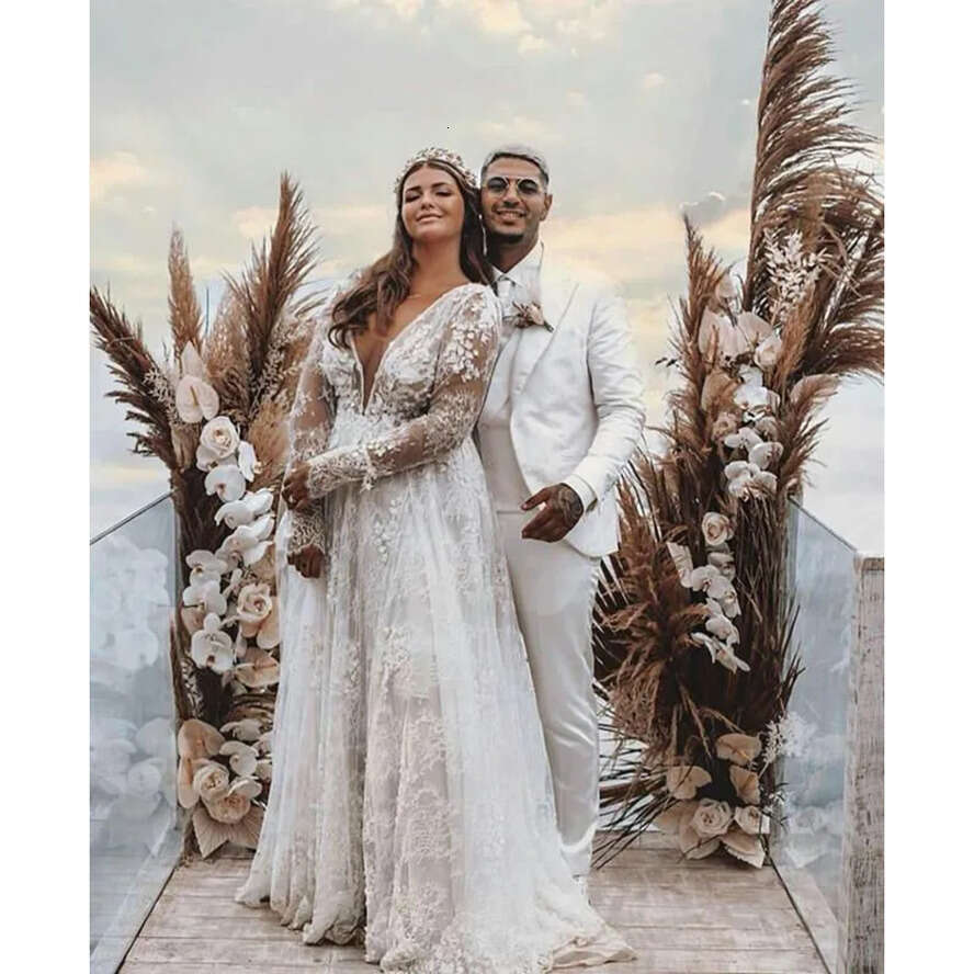 Size Stock Wedding Plus Dresses With Long Sleeve 2022 Sexy Deep V Nneck Lace Ral Bohemian Beach Bride Robes Gown Ve e