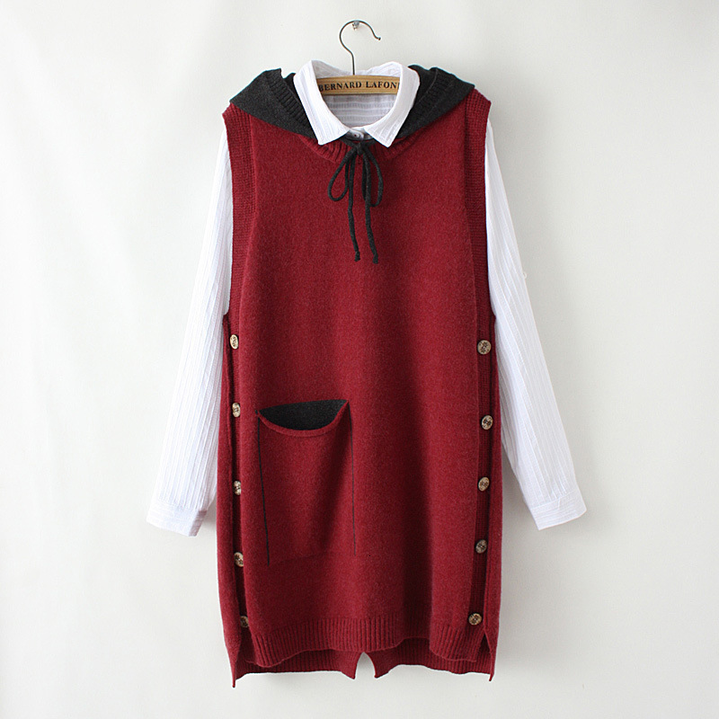 Women's Loose Long Knitted Pullover, Sweater Vest, Winter, Block Color, Hooded, Side Buttons, Curve Jumper, Plus Size, 4Xl