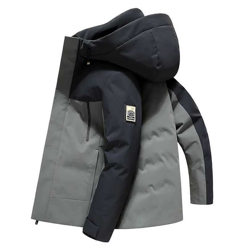 Mens Color Matching Hooded Down Jacket 2023 Winter New Fashion Warmth Outdoor Leisure LX241009