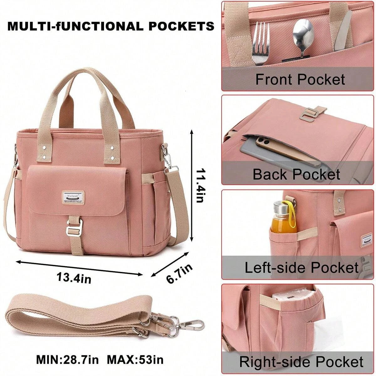 Fashionable womens insulated lunch handbag with large opening temperature control and detachable shoulder strap 241008