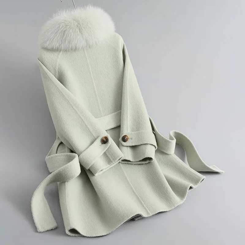 Womens Belted Real Wool Coat With Detachable Real Fox Fur Collar Fashion Autumn Winter Wool CoatX241009